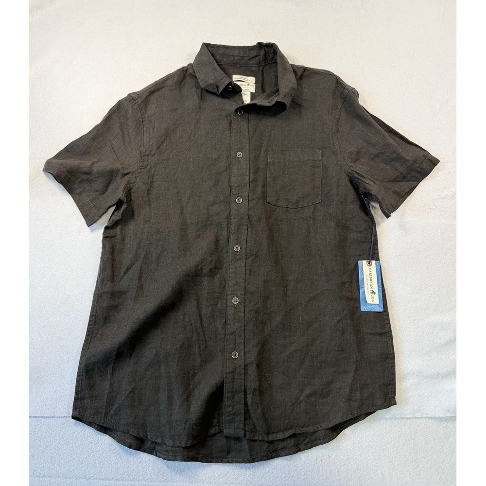 Caribbean Joe 100% Linen Mens Medium Short Sleeve Button Down Shirt Black